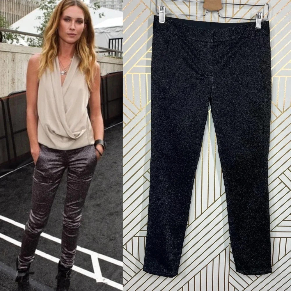 Alexander Wang Drainpipe Pants Skinny Stretch Glitter Metallic Black Size 0